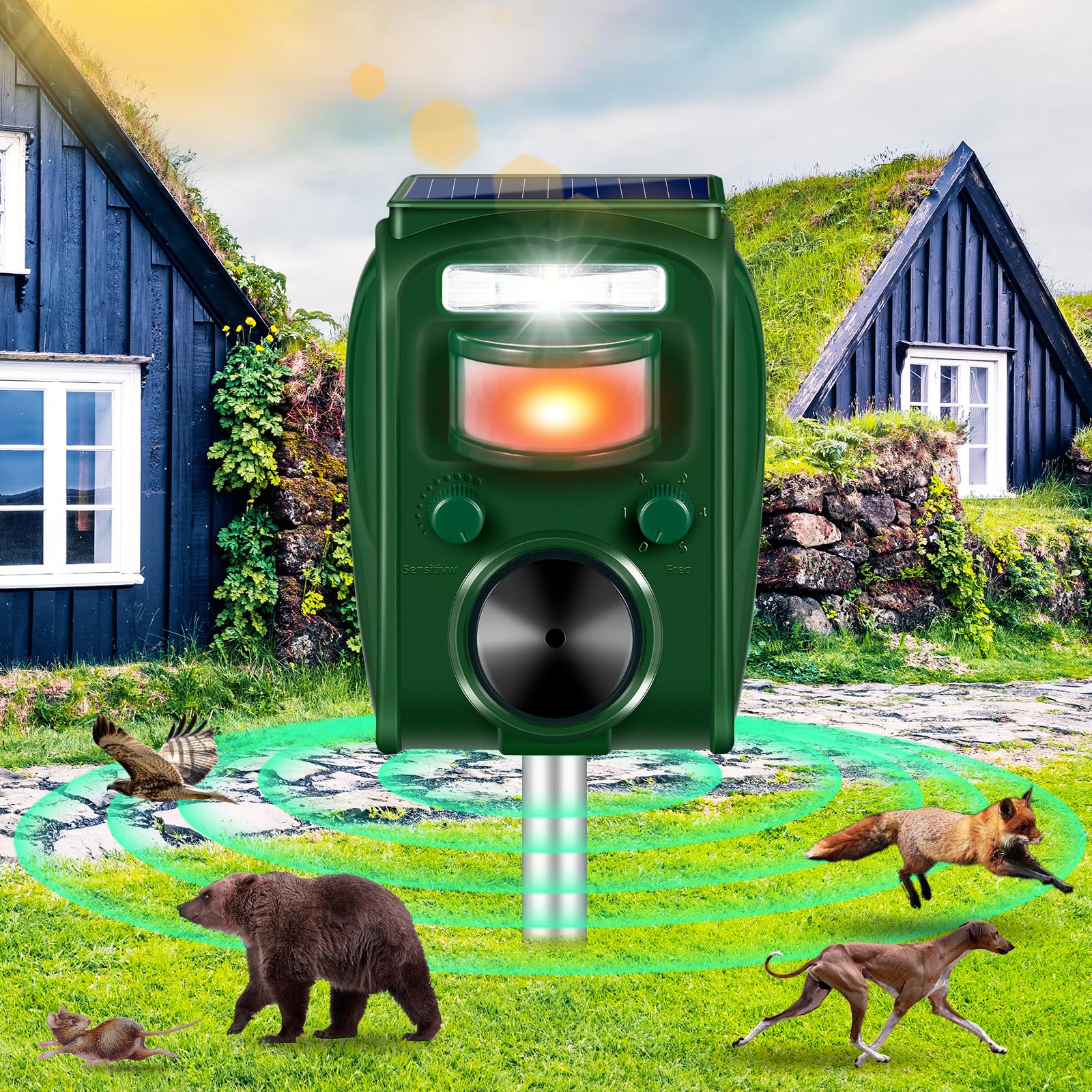 Ultrasonic Animal Repellent Deer Repellent Cat Repellent Outdoor with 5 Frequency Mode & Motion Sensor & Strobe Light Solar Animal Repeller Deterrent Raccoon Repellent Repel Dog Skunk Rabbit Away Yard