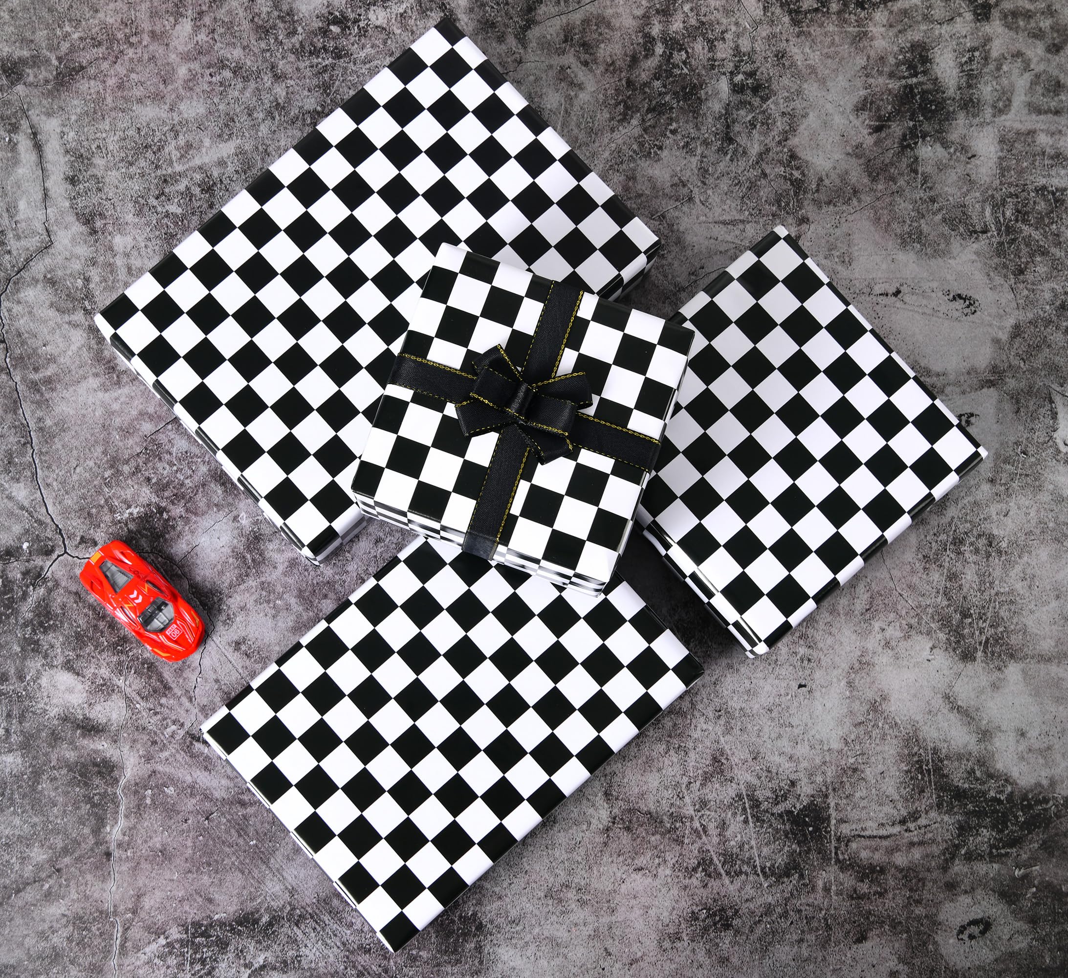 Titiweet Checkered Flag Wrapping Paper - Race Car Wrapping Paper for Boys Girls, 4 Large Sheets Cars Wrapping Paper for Birthday Christmas Holiday, 39.4 x 27.6 Inches Per Sheet (Race Car)