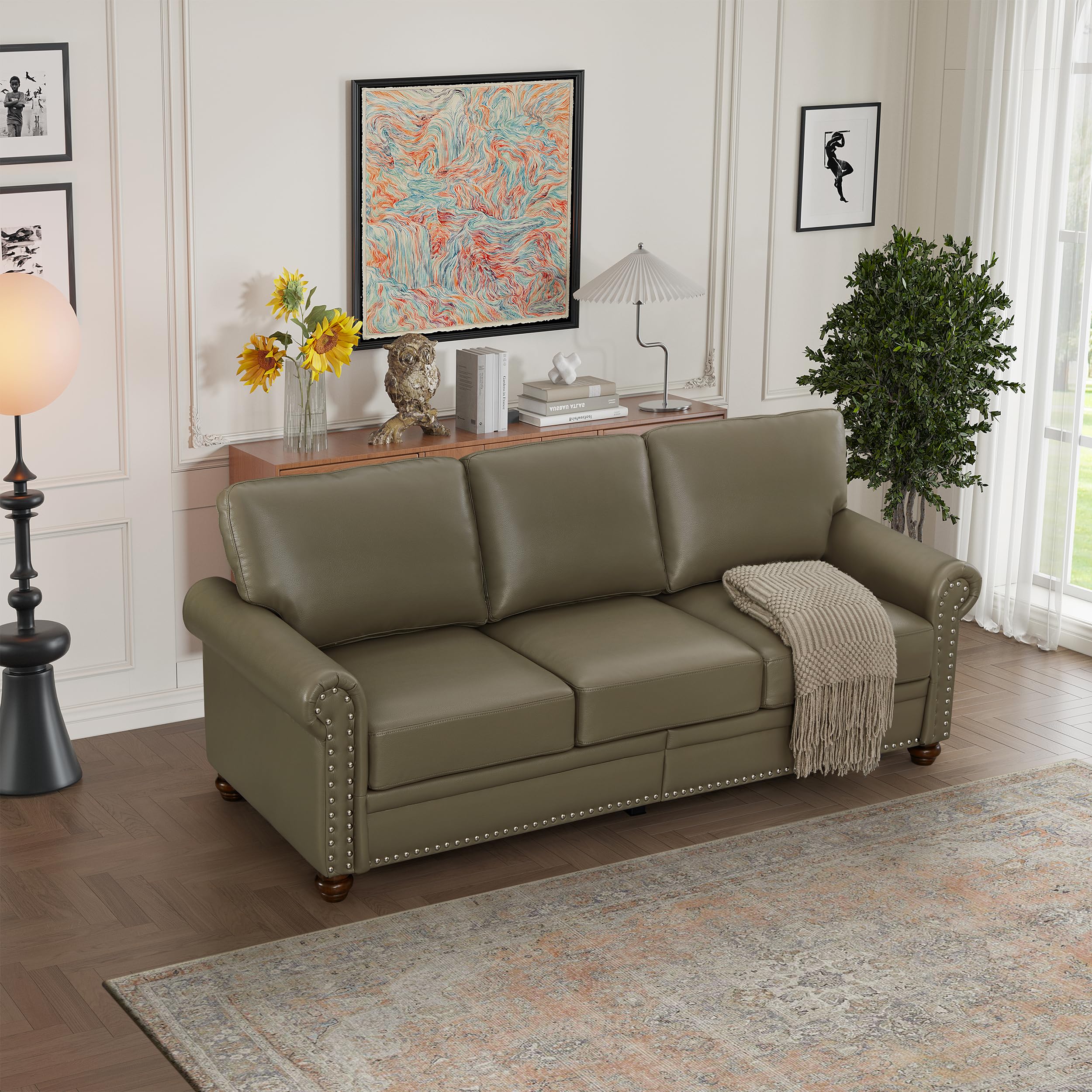 N NOORDENIYA 82'' Faux Leather Couch,Living Room Furniture Sofa, Rivet Decoration Leather Sofa Couch for Living Room Apply to Office and Home(3 Seater Sofas) Taupe