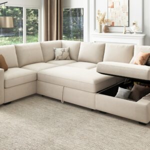 HONBAY Sleeper Sectional Sofa with Storage Chaise U Shaped Sectional Couch for Living Room, Velvet Sleeper Sectional Couch with Pullout Bed, Beige