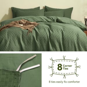 JELLYMONI Olive Green Duvet Cover Twin Size - 3 Pieces Soft and Breathable Microfiber Knitted Jacquard Waffle Weave Striped Comforter Cover with 8 Corner Ties & Zipper Closure