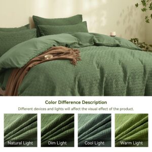 JELLYMONI Olive Green Duvet Cover Queen Size - 3 Pieces Soft and Breathable Microfiber Knitted Jacquard Waffle Weave Striped Comforter Cover with 8 Corner Ties & Zipper Closure