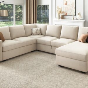 HONBAY Sleeper Sectional Sofa with Storage Chaise U Shaped Sectional Couch for Living Room, Velvet Sleeper Sectional Couch with Pullout Bed, Beige