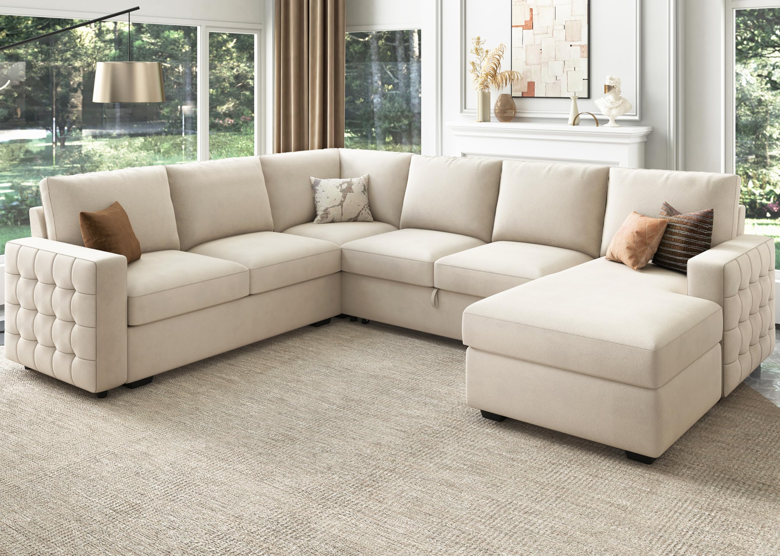 HONBAY Sleeper Sectional Sofa with Storage Chaise U Shaped Sectional Couch for Living Room, Velvet Sleeper Sectional Couch with Pullout Bed, Beige