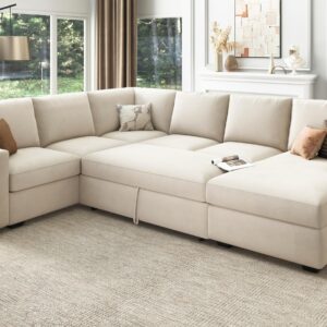 HONBAY Sleeper Sectional Sofa with Storage Chaise U Shaped Sectional Couch for Living Room, Velvet Sleeper Sectional Couch with Pullout Bed, Beige