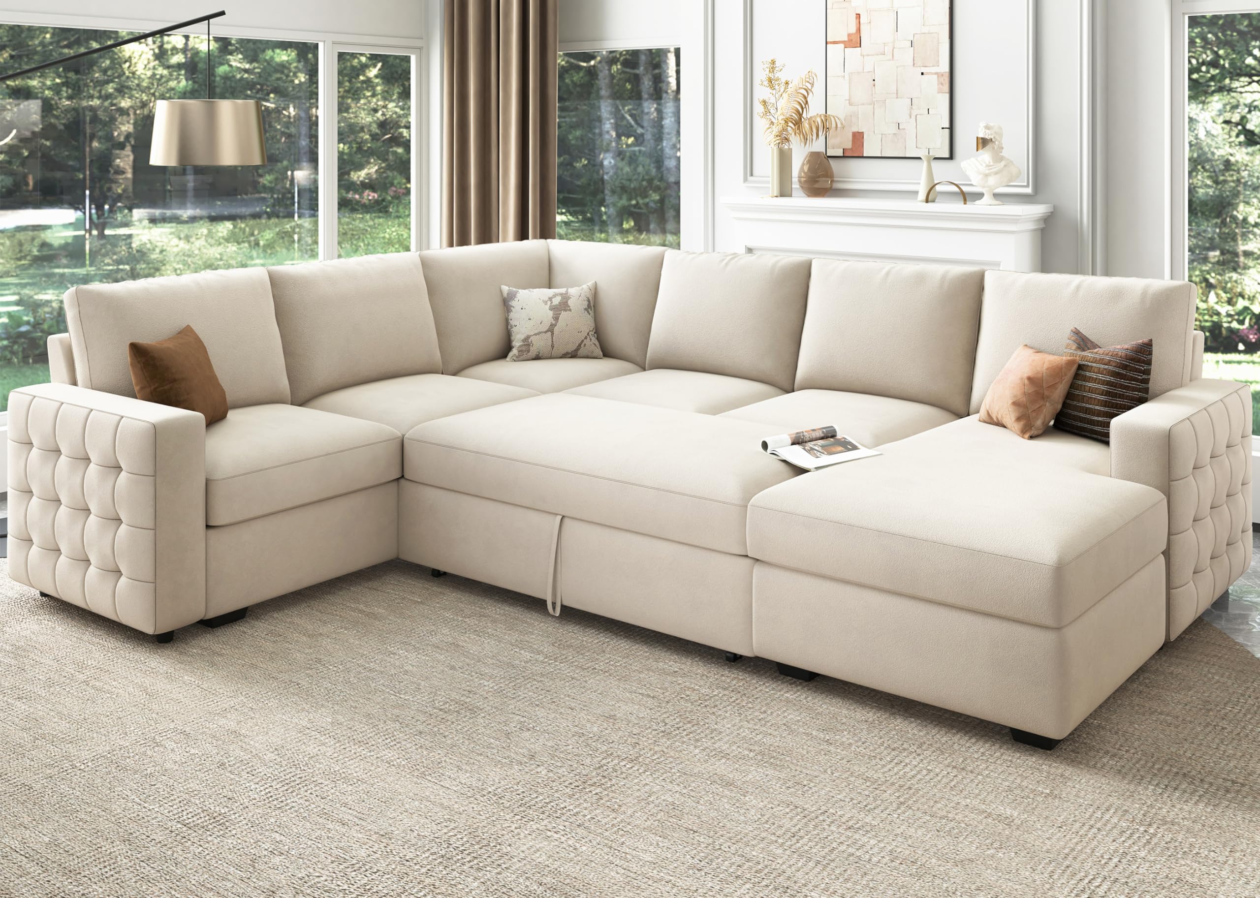 HONBAY Sleeper Sectional Sofa with Storage Chaise U Shaped Sectional Couch for Living Room, Velvet Sleeper Sectional Couch with Pullout Bed, Beige