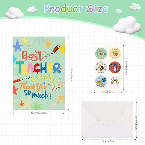 AhfuLife 6 Pcs Teacher Thank You Cards Multipack, 6 Styles Cute Teacher Appreciation Cards Graduation Gift, Including 6 Stickers and 6 Envelops for Teachers' Day, Teacher of the Year Gifts