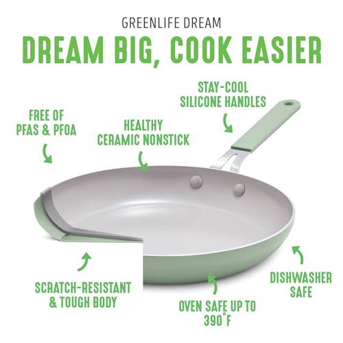 GreenLife Dream 8" & 10" Healthy Ceramic Nonstick Frying Pan Set, PFAS-Free, PFOA-Free, Dishwasher & Oven Safe, Stay-Cool Handles, Durable, Versatile Cooking, Easy Clean, Sage Green