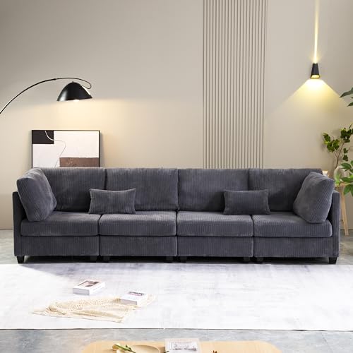 Oversized Deep Seat Modular Sectional Sofa Cloud Couch with Movable Ottoman, Modern Corduroy Upholstered Convertible L Shaped Corner Sofa&Couches with Wooden Legs for Living Room, Apartment, Office