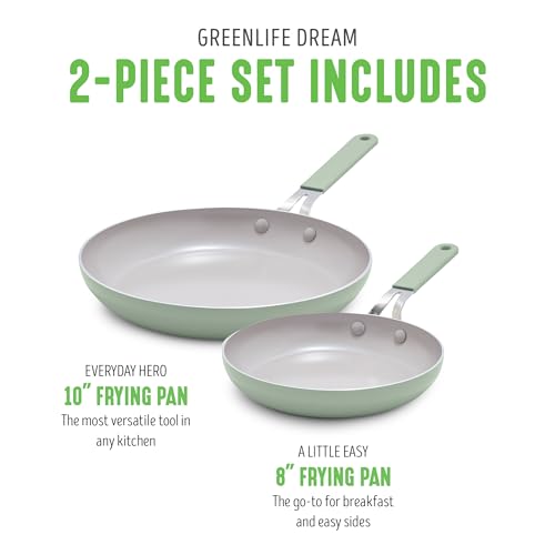 GreenLife Dream 8" & 10" Healthy Ceramic Nonstick Frying Pan Set, PFAS-Free, PFOA-Free, Dishwasher & Oven Safe, Stay-Cool Handles, Durable, Versatile Cooking, Easy Clean, Sage Green