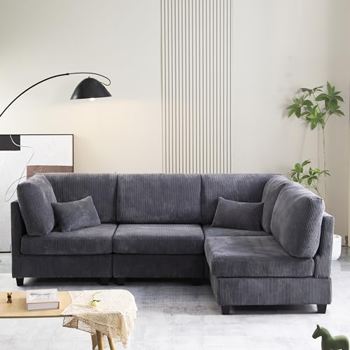 Oversized Deep Seat Modular Sectional Sofa Cloud Couch with Movable Ottoman, Modern Corduroy Upholstered Convertible L Shaped Corner Sofa&Couches with Wooden Legs for Living Room, Apartment, Office