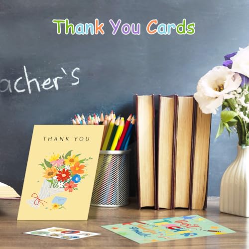 AhfuLife 6 Pcs Teacher Thank You Cards Multipack, 6 Styles Cute Teacher Appreciation Cards Graduation Gift, Including 6 Stickers and 6 Envelops for Teachers' Day, Teacher of the Year Gifts