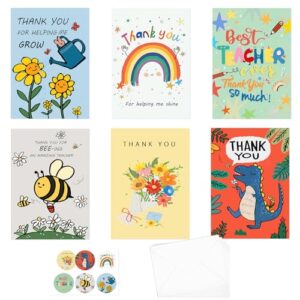 ahfulife 6 pcs teacher thank you cards multipack, 6 styles cute teacher appreciation cards graduation gift, including 6 stickers and 6 envelops for teachers' day, teacher of the year gifts