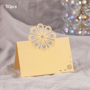 Table Card for Wedding Bride Shower Dinner, Reception, Banquet, Buffet Food, Seating Place Cards for Tables, Scored for Easy Folding, Hollow Flower Design, 50 Pack (Platinum)