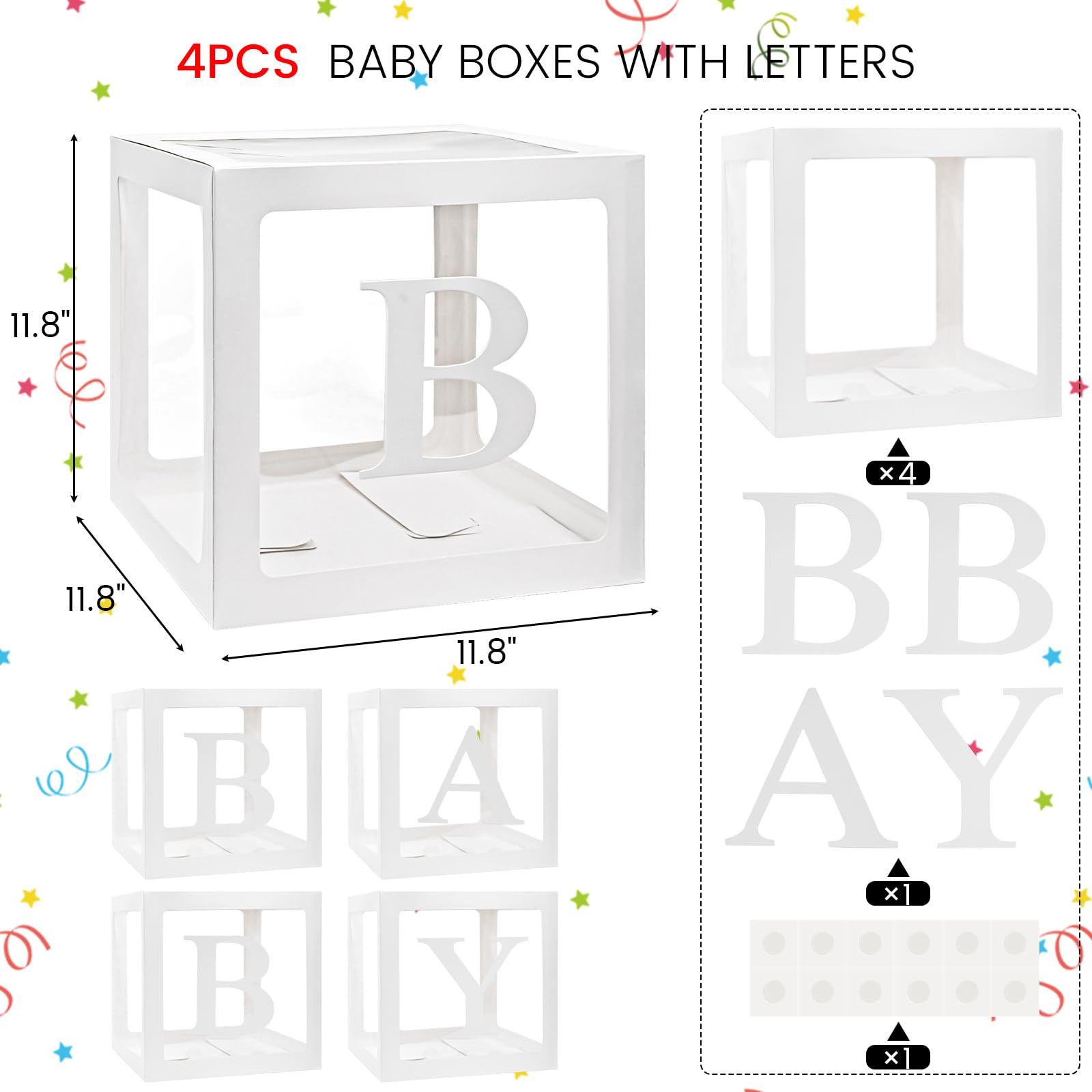 VGOODALL 4PCS Clear Baby Boxes with Stickers, Transparent Cube Boxes Gift Boxes for Baby Shower Birthday Party Decorations 11.8 x 11.8inch