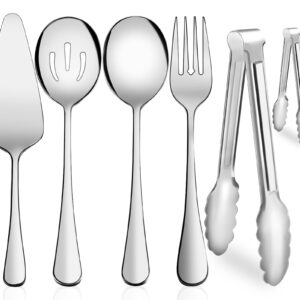 Serving Utensils, XEVOM 6-Piece Stainless Steel Serving Utensil Set Include Serving Spoon, Slotted Serving Spoon, Serving Fork,Serving Tong, Appetizers Tong,Pie Server (Silver)