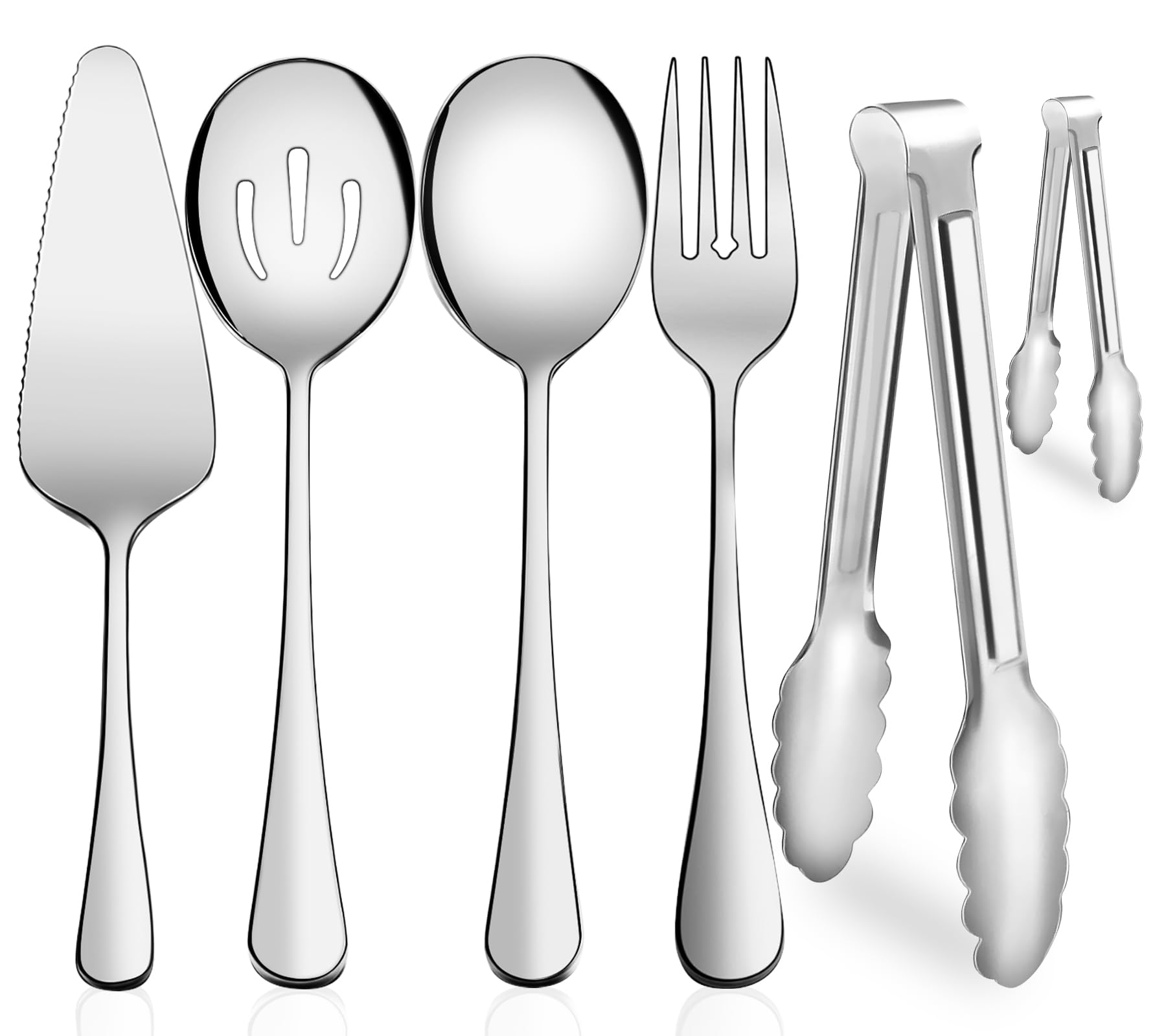 Serving Utensils, XEVOM 6-Piece Stainless Steel Serving Utensil Set Include Serving Spoon, Slotted Serving Spoon, Serving Fork,Serving Tong, Appetizers Tong,Pie Server (Silver)