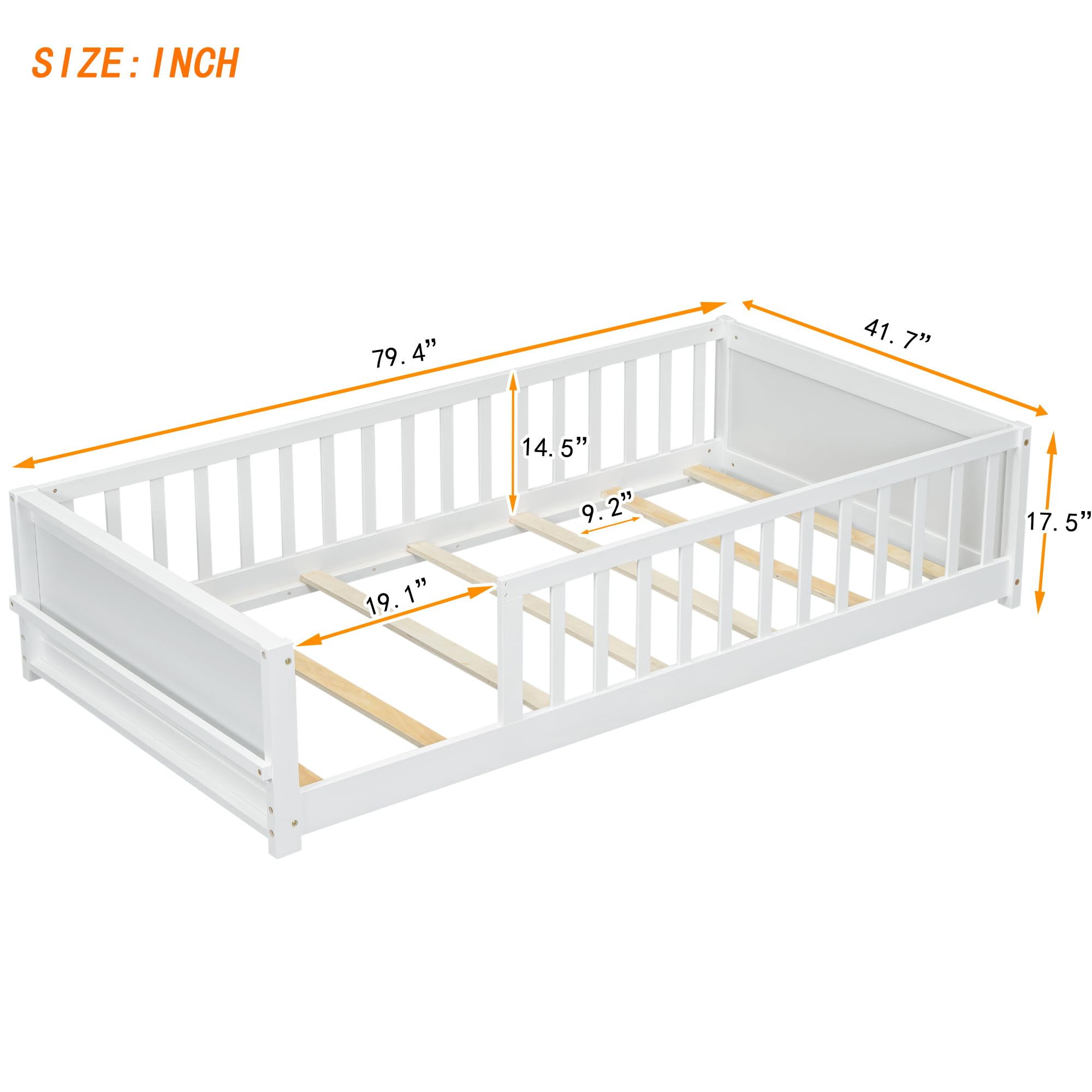 LostCat Twin Size Floor Bed Frame with Fence and Magazine Rack, Wood Montessori Floor Bed with Guardrails and Slat Support, Floor Bed Frame for Kids Girls Boys, White