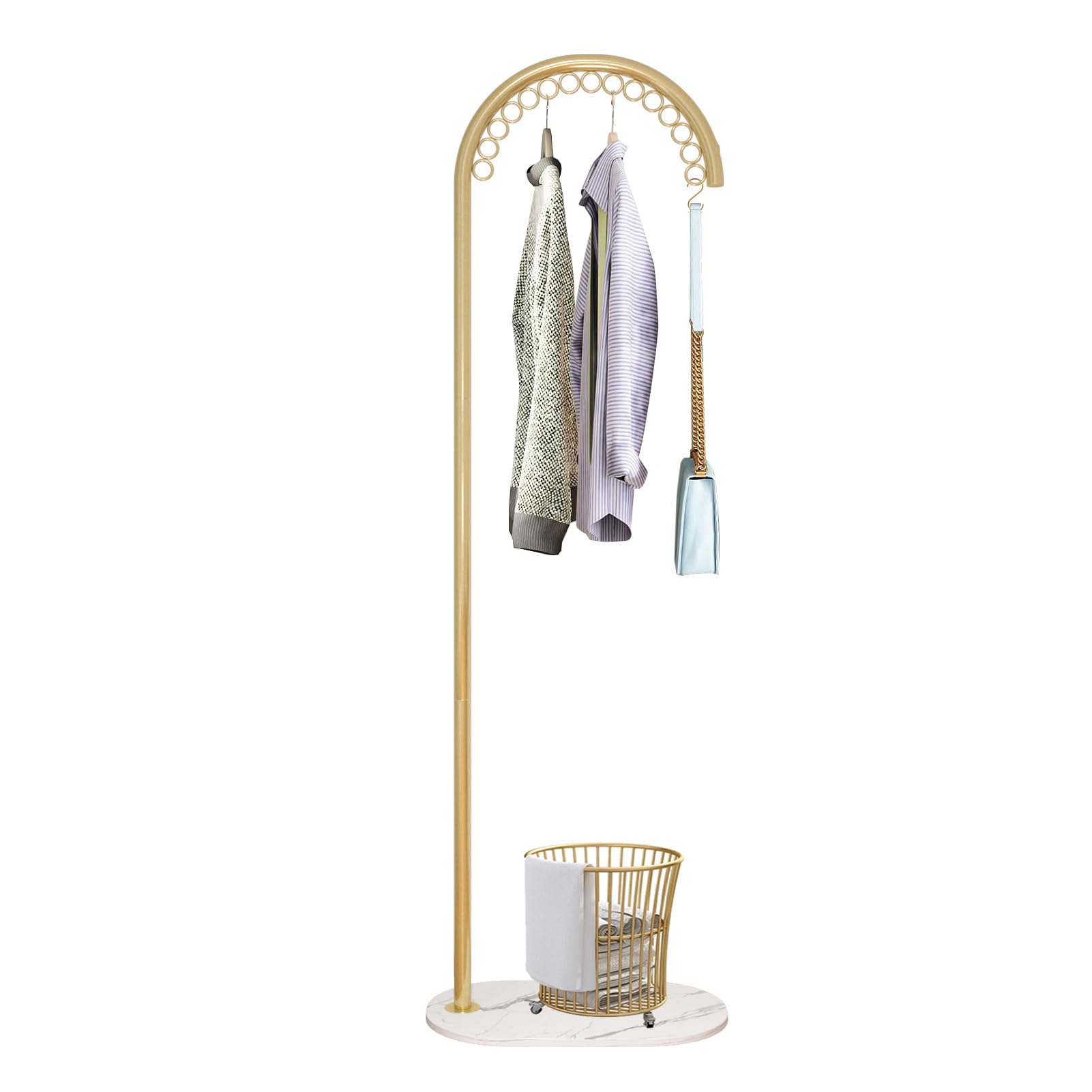 CQAEBK Metal Coat Rack Freestanding, Entryway Clothes Hanger Stand with 15 Hooks & Marble Base, L Shaped Garment Display Rack for Living Room Retail Bathroom, Gold/White, 19.7x11.8x63.8in