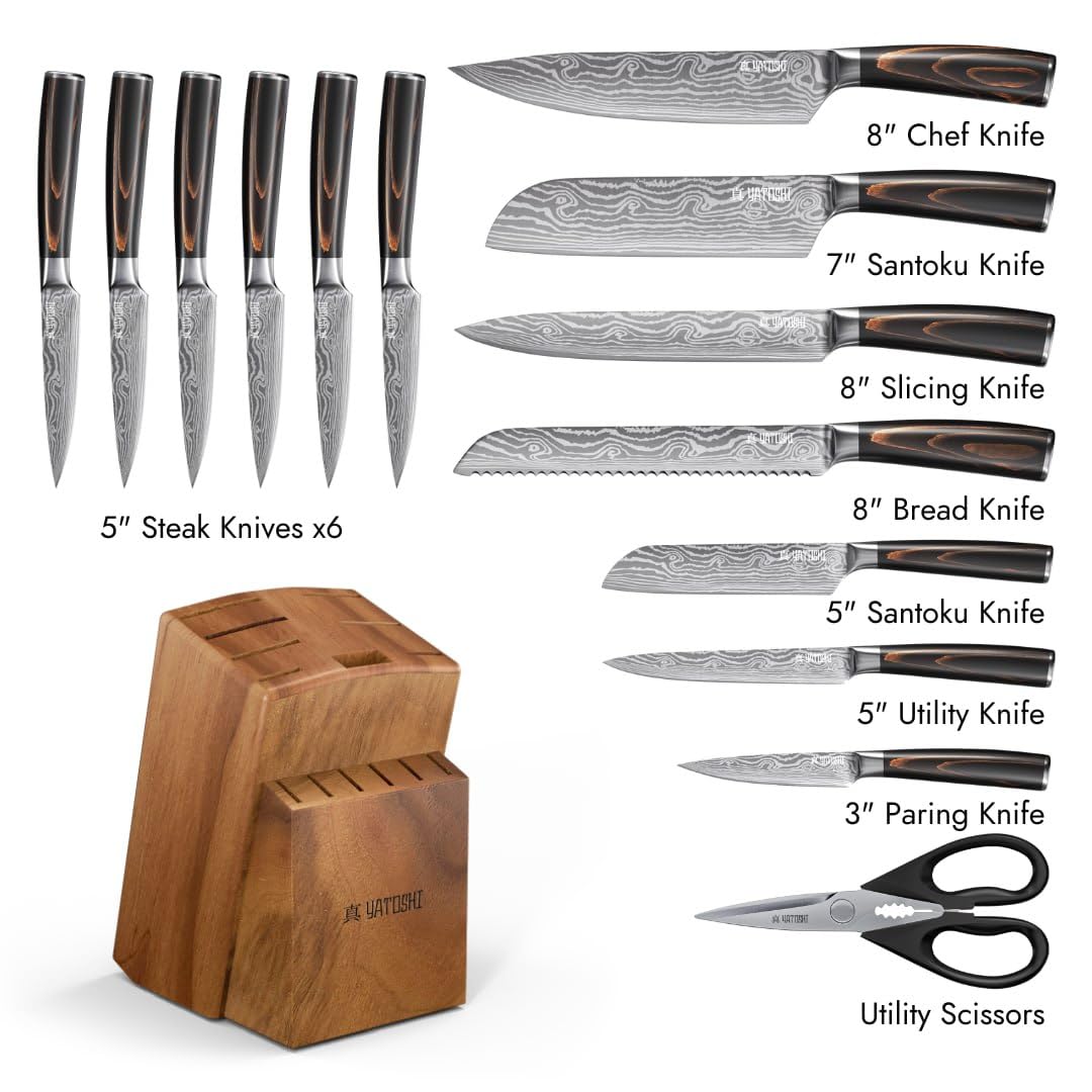 Yatoshi 15 Piece Knife Block Set - Pro Kitchen Knife Set Ultra Sharp High Carbon Stainless Steel with Ergonomic Handle