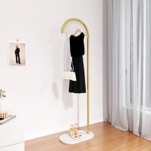 CQAEBK Metal Coat Rack Freestanding, Entryway Clothes Hanger Stand with 15 Hooks & Marble Base, L Shaped Garment Display Rack for Living Room Retail Bathroom, Gold/White, 19.7x11.8x63.8in