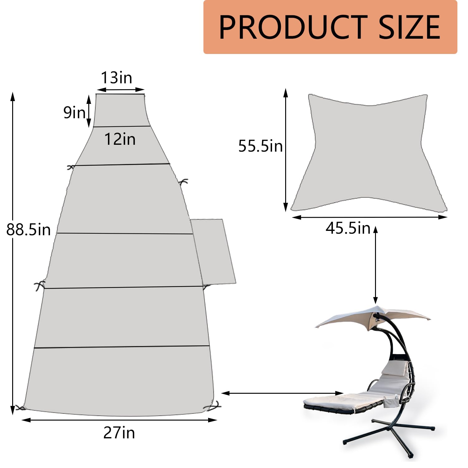 Outdoor Hanging Lounge Chair Replacement Cushion Cover and Umbrella Fabric, Made for Patio Curved Chaise Hammock Floating Swing Chair Pads, Waterproof Soft Fabric (Cushion and Chair Excluded),Khaki