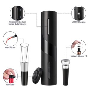 ELMWAY Electric Wine Opener Set, Rechargeable Wine Bottle Opener with Foil Cutter / 4 x Vacuum Stoppers/Premium Wine Aerator Pourer, Wine Corkscrew Remover, Automatic Wine Opener Gifts(Black)