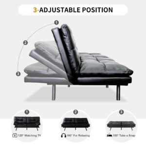 Futon Sofa Couch Bed,Convertible Memory Foam Modern Faux Leather Adjustable Backrest Armrests Sleeper Love Seat for Living Room,Office,Apartment,Small Space,71" Black