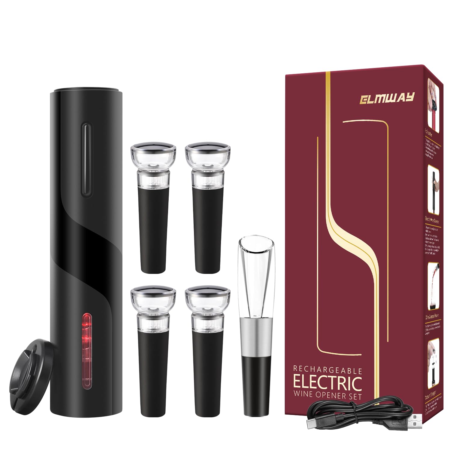 ELMWAY Electric Wine Opener Set, Rechargeable Wine Bottle Opener with Foil Cutter / 4 x Vacuum Stoppers/Premium Wine Aerator Pourer, Wine Corkscrew Remover, Automatic Wine Opener Gifts(Black)