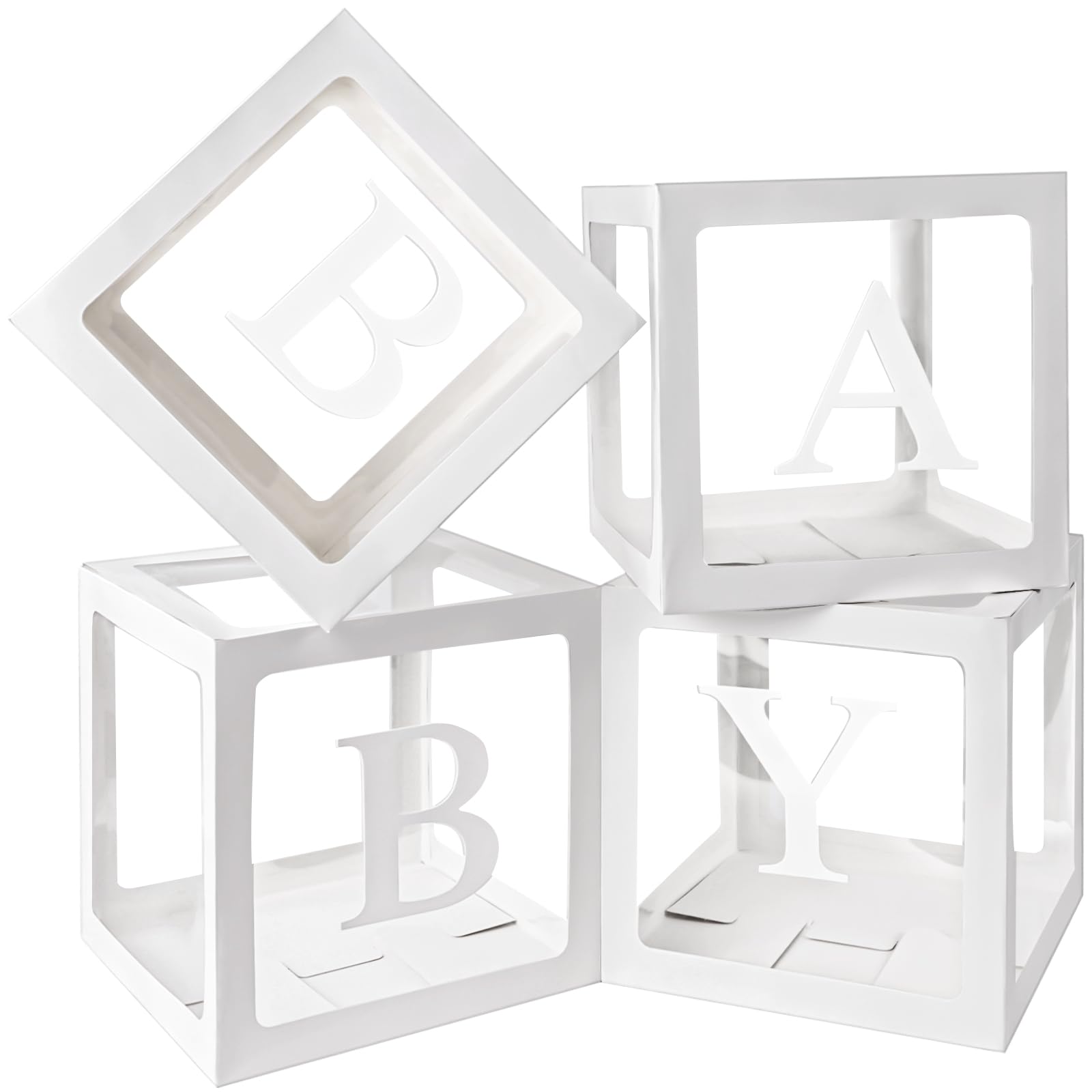 VGOODALL 4PCS Clear Baby Boxes with Stickers, Transparent Cube Boxes Gift Boxes for Baby Shower Birthday Party Decorations 11.8 x 11.8inch