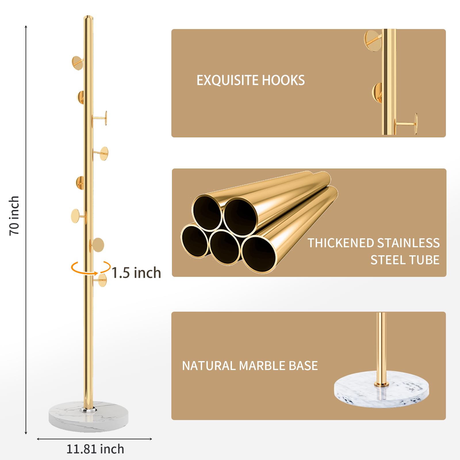 LOZABEE Modern Metal Coat Rack Stand with Natural Marble Base, Heavy Duty Coat Rack Freestanding with 8 Hooks, Golden Standing Coat Racks Hall Tree Stand for Bag, Jacket, Entryway Office