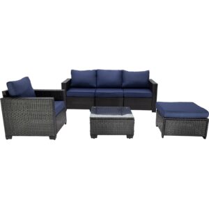 tinasuus 6 pieces patio furniture sets, all-weather outdoor furniture wicker patio conversation set outdoor sectional w cushions for porch poolside backyard deck lawn (coffee-dark blue)