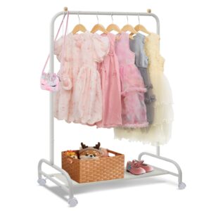 ygjt kids clothing rack, baby clothes rack for hanging clothes with wheels and bottom storage shelf, small toddler garment rack kids dress up storage rack for coats, skirts, dance costume(white)