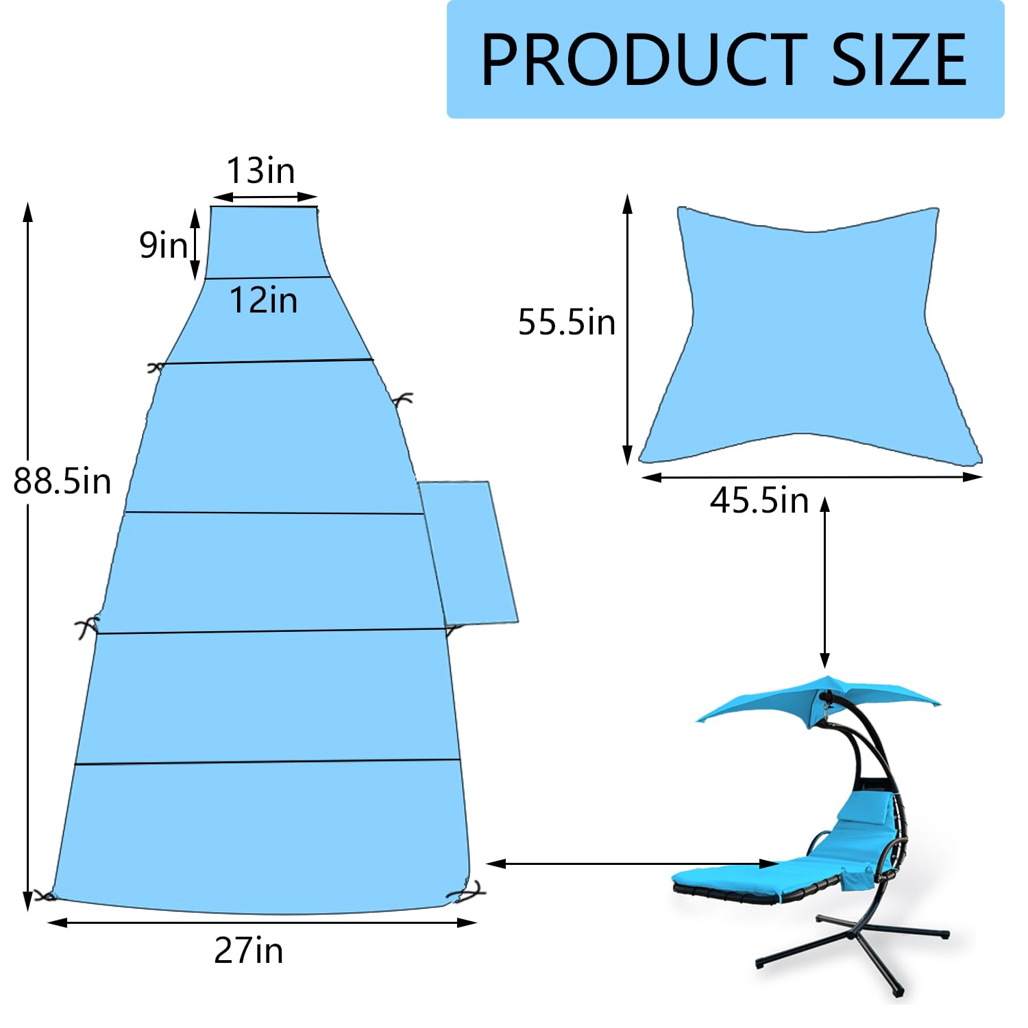 Outdoor Hanging Lounge Chair Replacement Cushion Cover and Umbrella Fabric, Made for Patio Curved Chaise Hammock Floating Swing Chair Pads, Waterproof Soft Fabric (Cushion and Chair Excluded),Blue