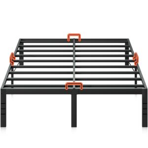 kkl king size bed frame, 18 inch heavy duty steel platform with mattress anti-slip rods, bed frame with underneath storage space, no box spring needed, easy assembly, black