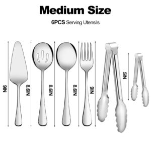 Serving Utensils, XEVOM 6-Piece Stainless Steel Serving Utensil Set Include Serving Spoon, Slotted Serving Spoon, Serving Fork,Serving Tong, Appetizers Tong,Pie Server (Silver)