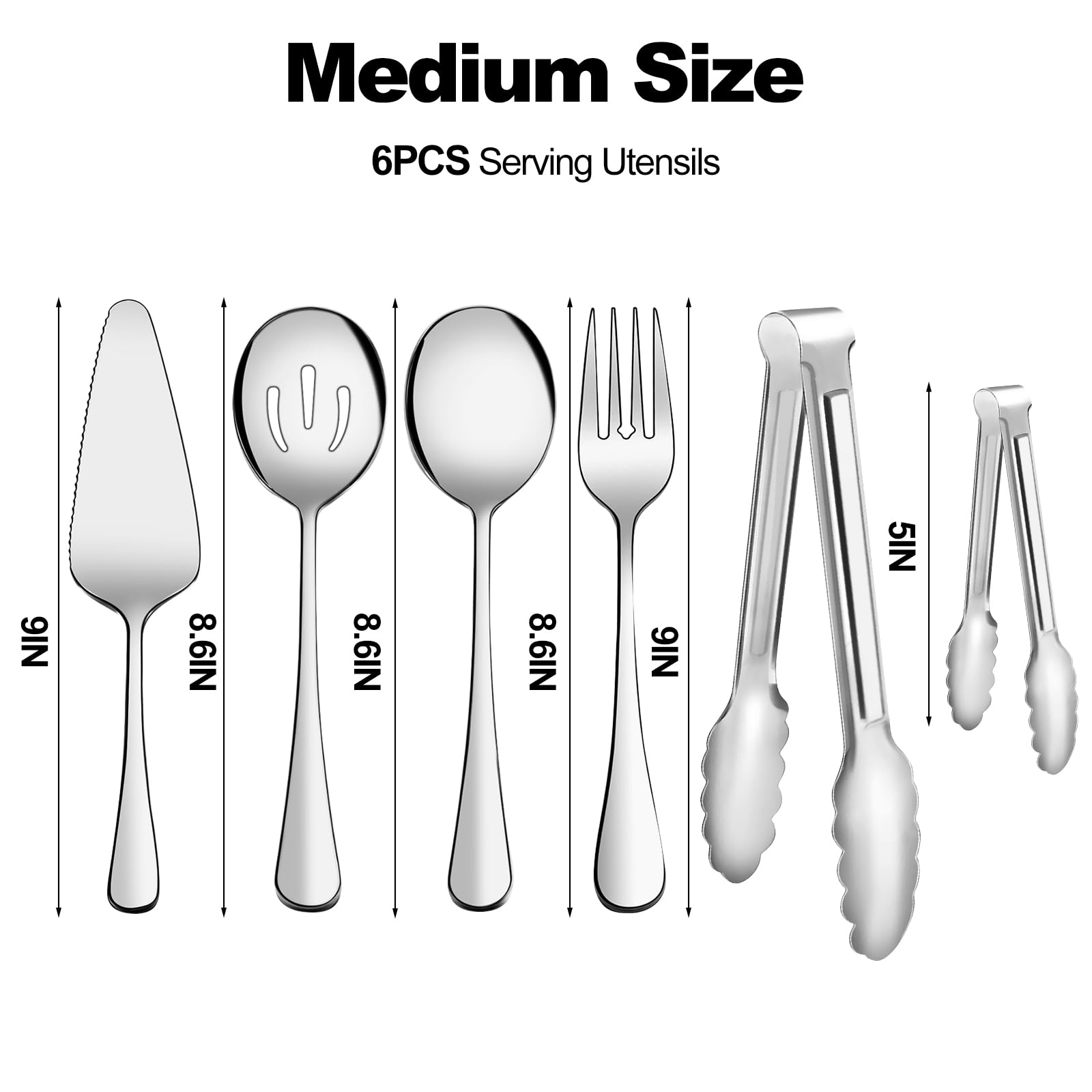 Serving Utensils, XEVOM 6-Piece Stainless Steel Serving Utensil Set Include Serving Spoon, Slotted Serving Spoon, Serving Fork,Serving Tong, Appetizers Tong,Pie Server (Silver)