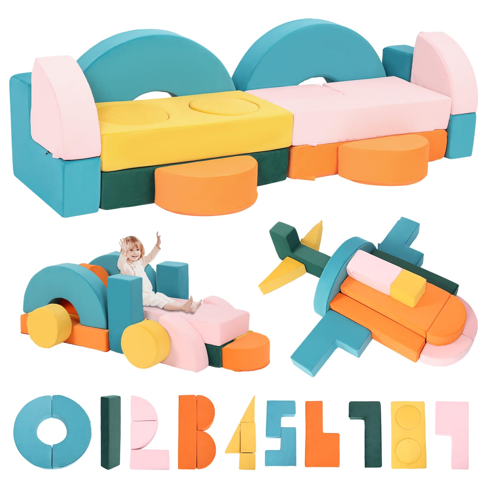 21Pcs Modular Kids Play Couch Building Fort - Multi-Colored Number Puzzle Toddler Play Couch Set for Classroom Bedroom Playroom, Creative Convertible Kids Explorer Sofa Furniture