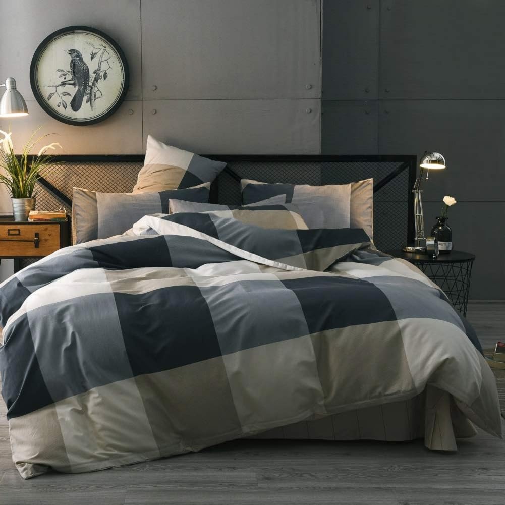 Cotton Plaid Duvet Cover Twin XL Geometric Plaid Grid Duvet Cover Modern Style Plaid Checkered Printed Comforter Cover Buffalo Plaid Bedding Duvet Cover Set 1 Twin XL Duvet Cover with 2 Pillowcases