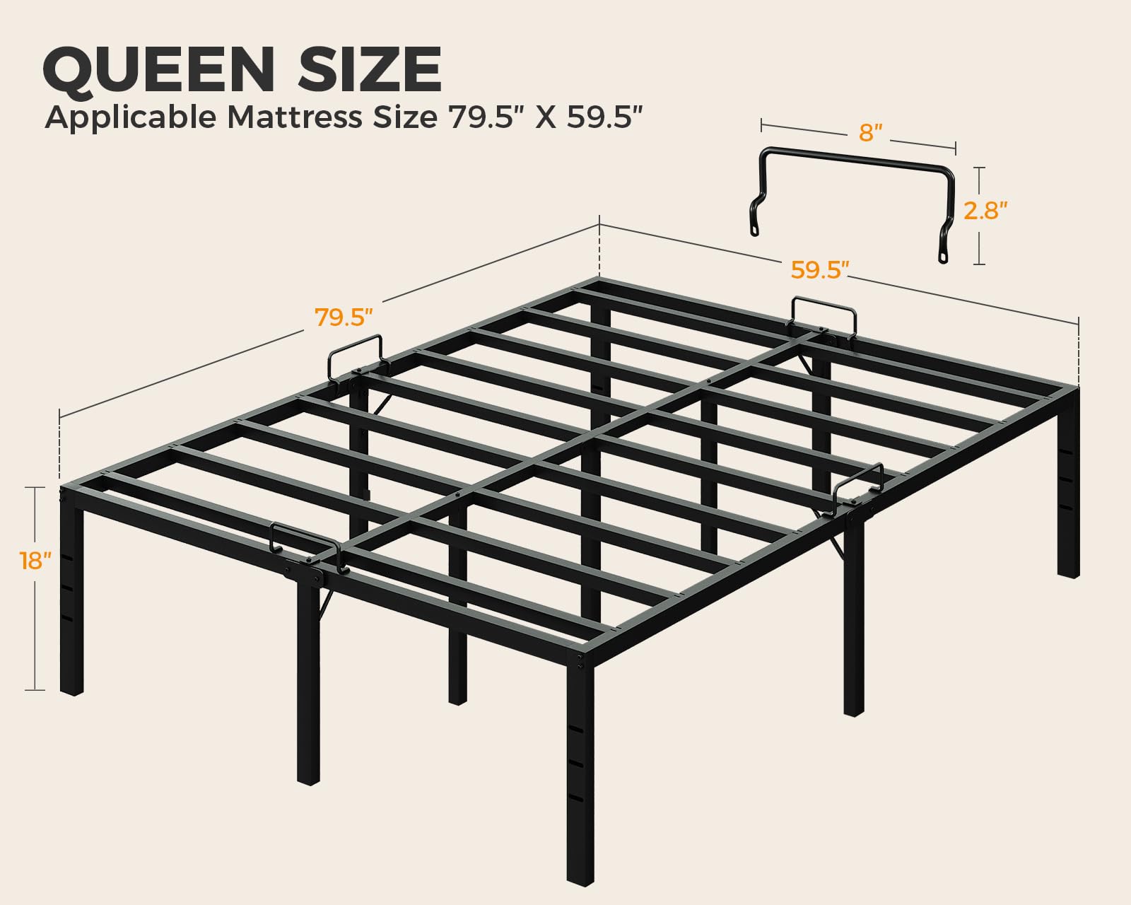 KKL Queen Bed Frame, 18 Inch Heavy Duty Steel Platform with Mattress Anti-Slip Rods, Bed Frame with Underneath Storage Space, No Box Spring Needed, Easy Assembly, Black