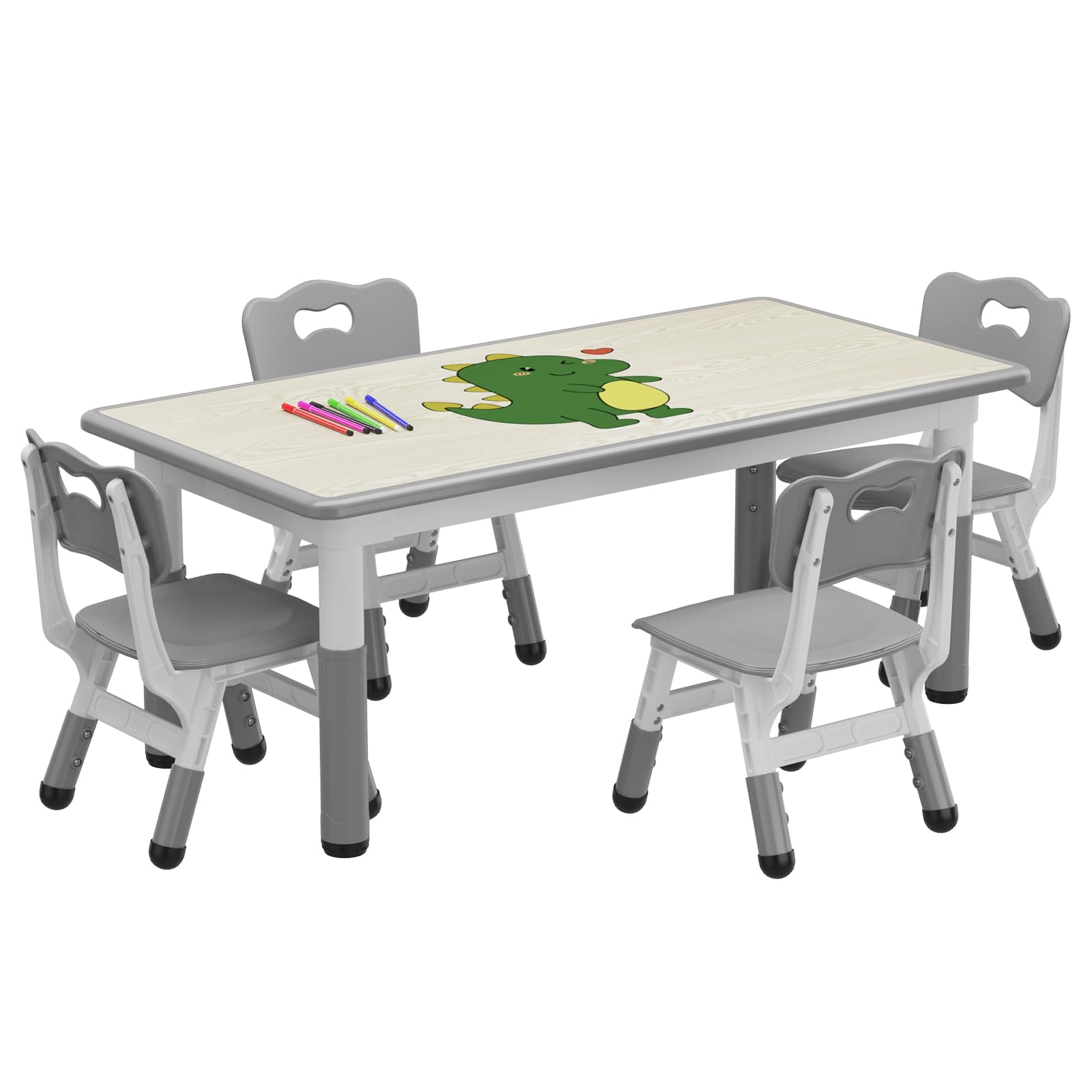 Kids Table and 4 Chairs Set, Height Adjustable Toddler Table and Chair Set for Ages 2-10, Graffiti Desktop, Non-Slip Legs, Children Table and Chair Set for Daycare Classroom Home, Grey