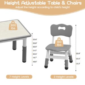 Kids Table and 4 Chairs Set, Height Adjustable Toddler Table and Chair Set for Ages 2-10, Graffiti Desktop, Non-Slip Legs, Children Table and Chair Set for Daycare Classroom Home, Grey