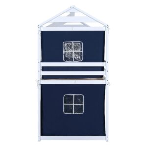 Linique Twin Size Bunk Wood House Bed with Blue Tent,Window,House Roof Design,Twin Size Floor Bunkbeds Frame for Boys & Girls,Blue+White