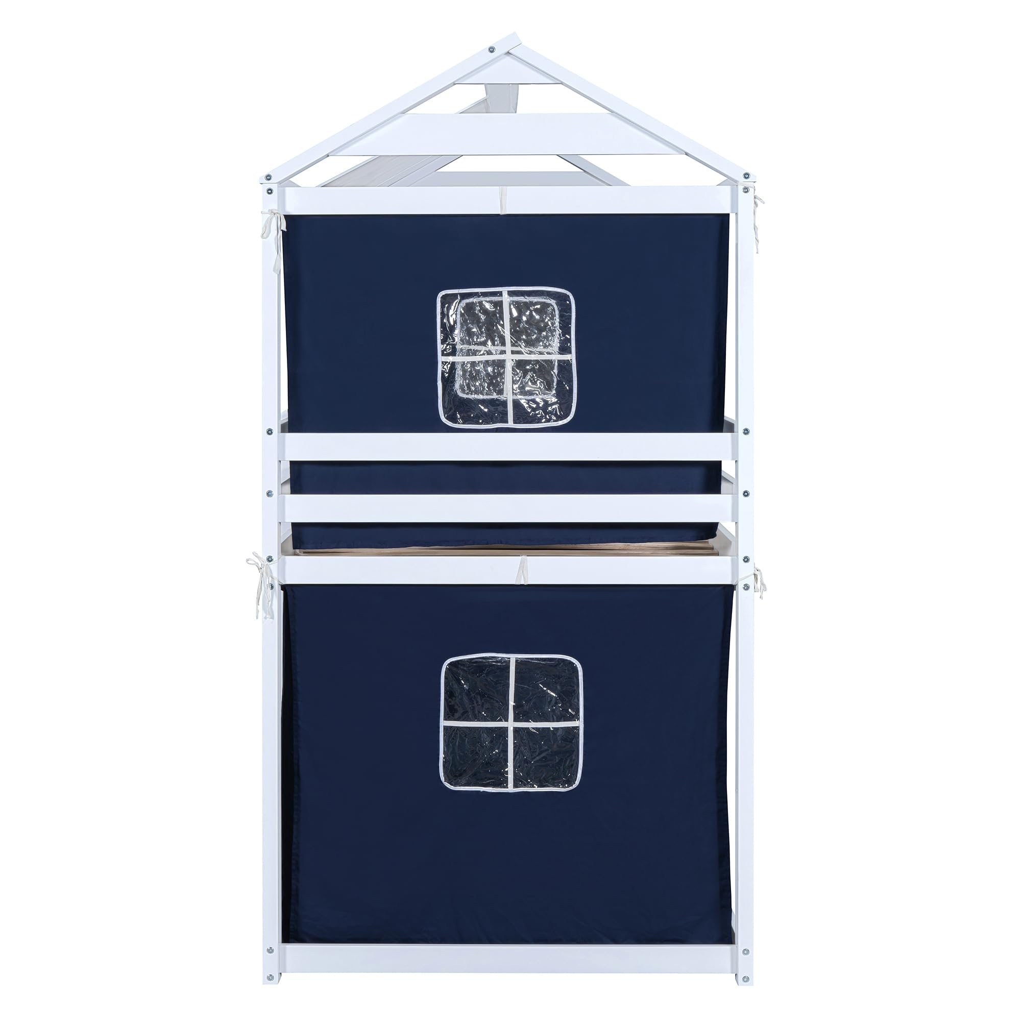 Linique Twin Size Bunk Wood House Bed with Blue Tent,Window,House Roof Design,Twin Size Floor Bunkbeds Frame for Boys & Girls,Blue+White