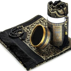 rolezyum Muslim Prayer Rug and Prayer Beads with Elegant Design Cylinder Gift Box, Janamaz, Sajadah, Soft Islamic Gifts Set, Carpet Mat, Taffeta Fabric (Black)