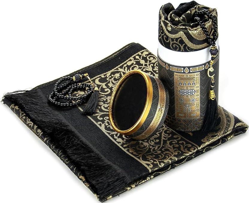 rolezyum Muslim Prayer Rug and Prayer Beads with Elegant Design Cylinder Gift Box, Janamaz, Sajadah, Soft Islamic Gifts Set, Carpet Mat, Taffeta Fabric (Black)