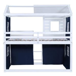 Linique Twin Size Bunk Wood House Bed with Blue Tent,Window,House Roof Design,Twin Size Floor Bunkbeds Frame for Boys & Girls,Blue+White