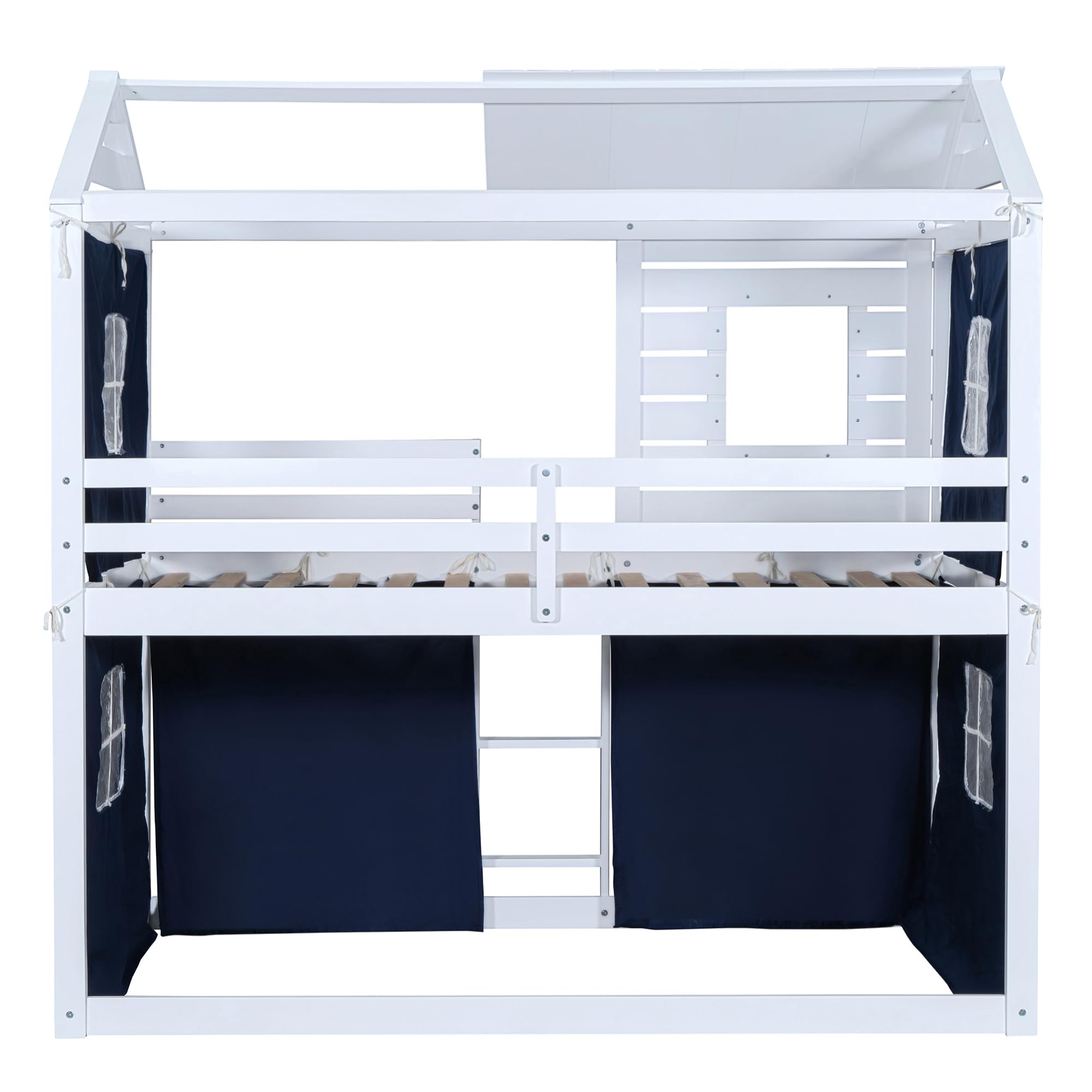 Linique Twin Size Bunk Wood House Bed with Blue Tent,Window,House Roof Design,Twin Size Floor Bunkbeds Frame for Boys & Girls,Blue+White