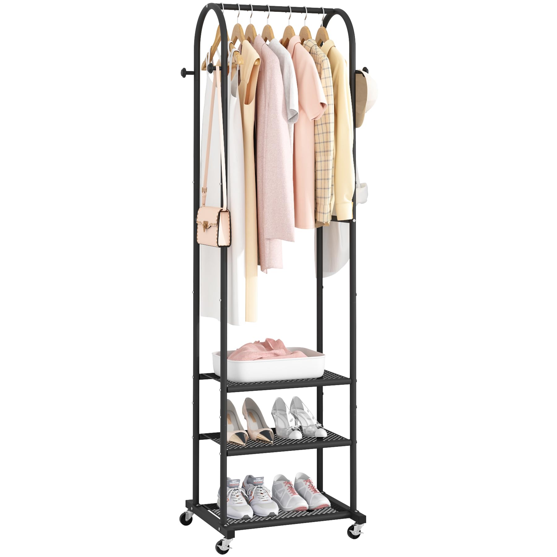 Kaitiemoo Heavy Duty Clothing Rack With Wheels,Modern Garment Rack With 3 Metal Shelves, 71.8Inches Display Rack For Hanging Clothes, Hanging Rod For Small Space,Black