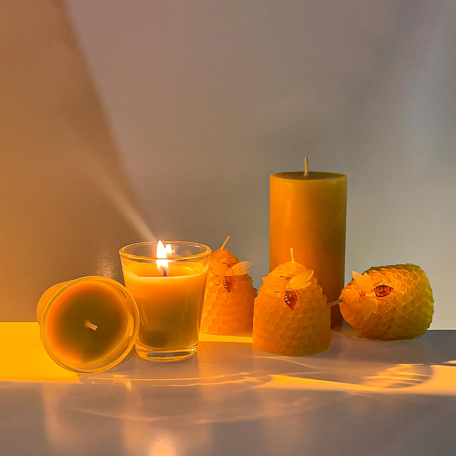 Beeswax Votive Candles in Glass Votive Holders-6pcs Pack, Hand-Poured Bees Wax Votive Candles for Home Décor Spa Party Meditation, Dripless & Unscented, Burning Time 12 Hours,1.96"x2.36" Each